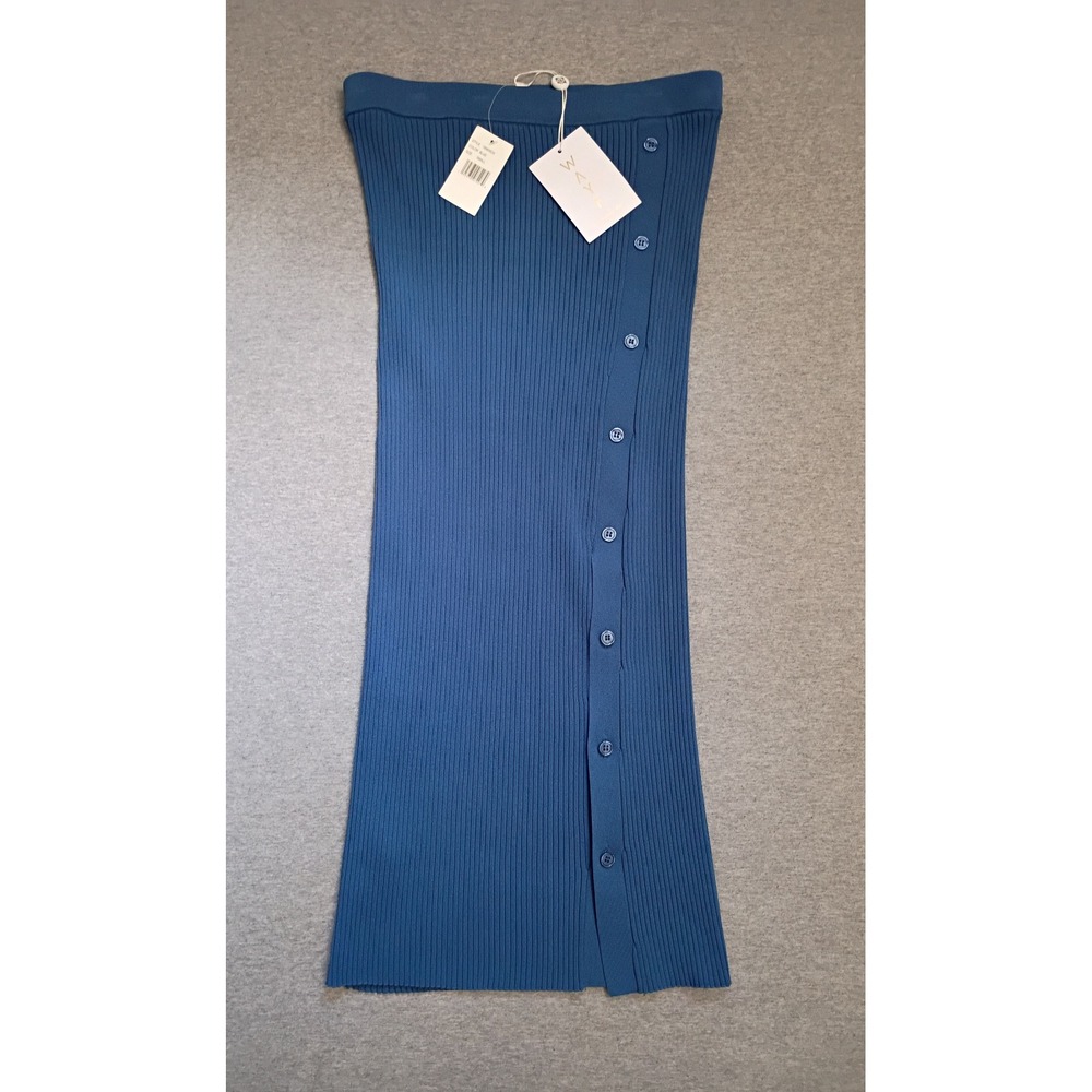 WAYF Blue Ribbed Knit Button Side Midi Skirt Small 1896WCH